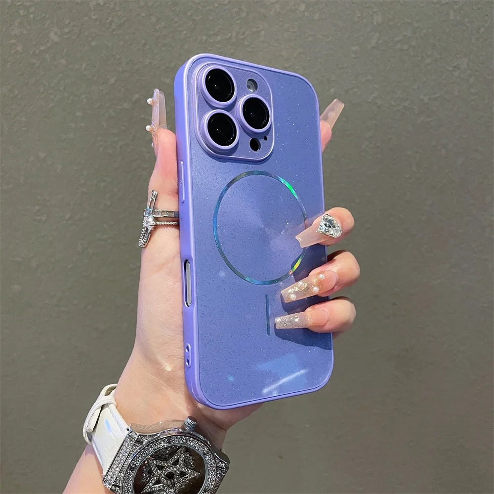 Luxury For Magsafe Glitter Aurora Glossy Phone Case For iPhone 15 16 17 Pro Max 14 Plus 13 12 11 Full Lens Protection Back Cover