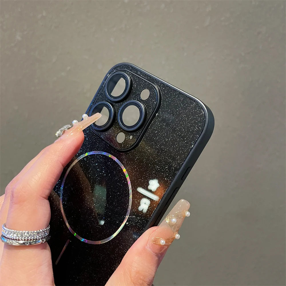 Luxury For Magsafe Glitter Aurora Glossy Phone Case For iPhone 15 16 17 Pro Max 14 Plus 13 12 11 Full Lens Protection Back Cover