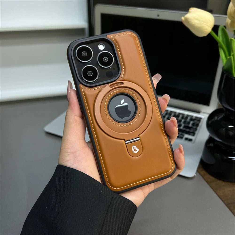 Magnetic Stand Ring PU Leather Case For iPhone17 Air 16 Pro Max plus 15 14 13 12 for Magsafe Wireless Charging Hollow Logo Cover
