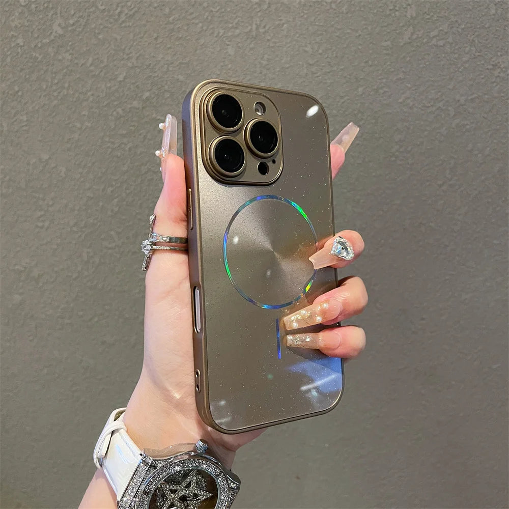 Luxury For Magsafe Glitter Aurora Glossy Phone Case For iPhone 15 16 17 Pro Max 14 Plus 13 12 11 Full Lens Protection Back Cover