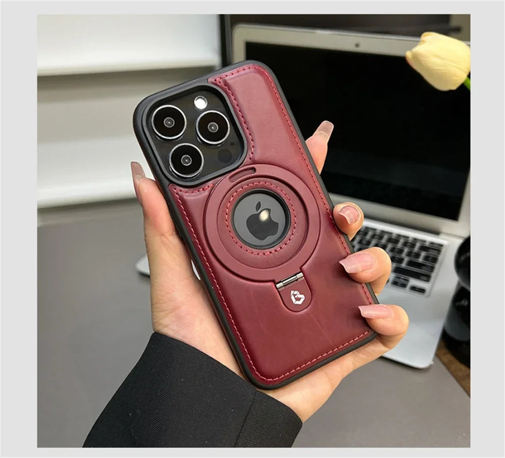 Magnetic Stand Ring PU Leather Case For iPhone17 Air 16 Pro Max plus 15 14 13 12 for Magsafe Wireless Charging Hollow Logo Cover