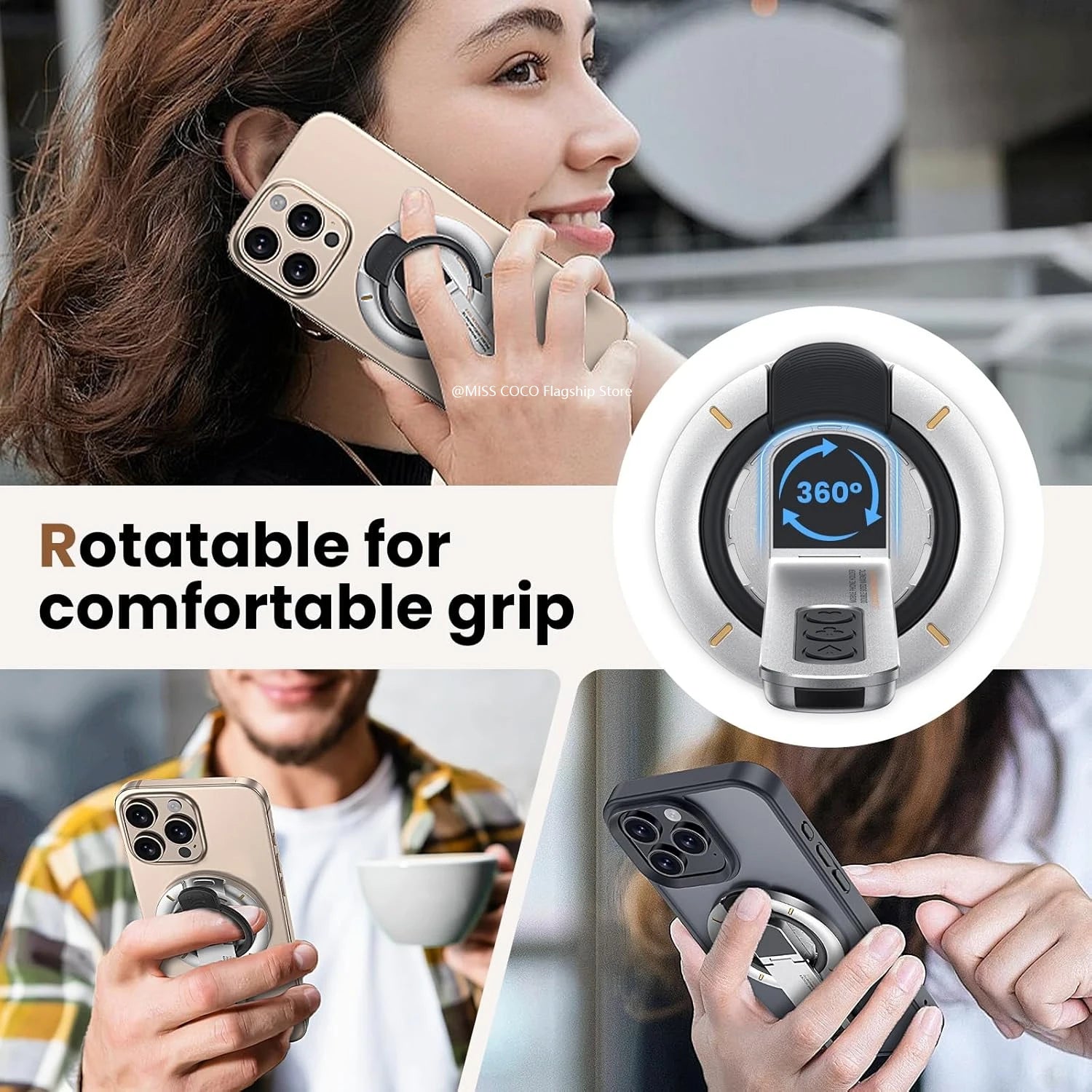 Dual-Sided Magnetic Portable Multi-Function Phone Ring Holder 360° Rotating Desktop Stand Compatible with Multiple Phone Models