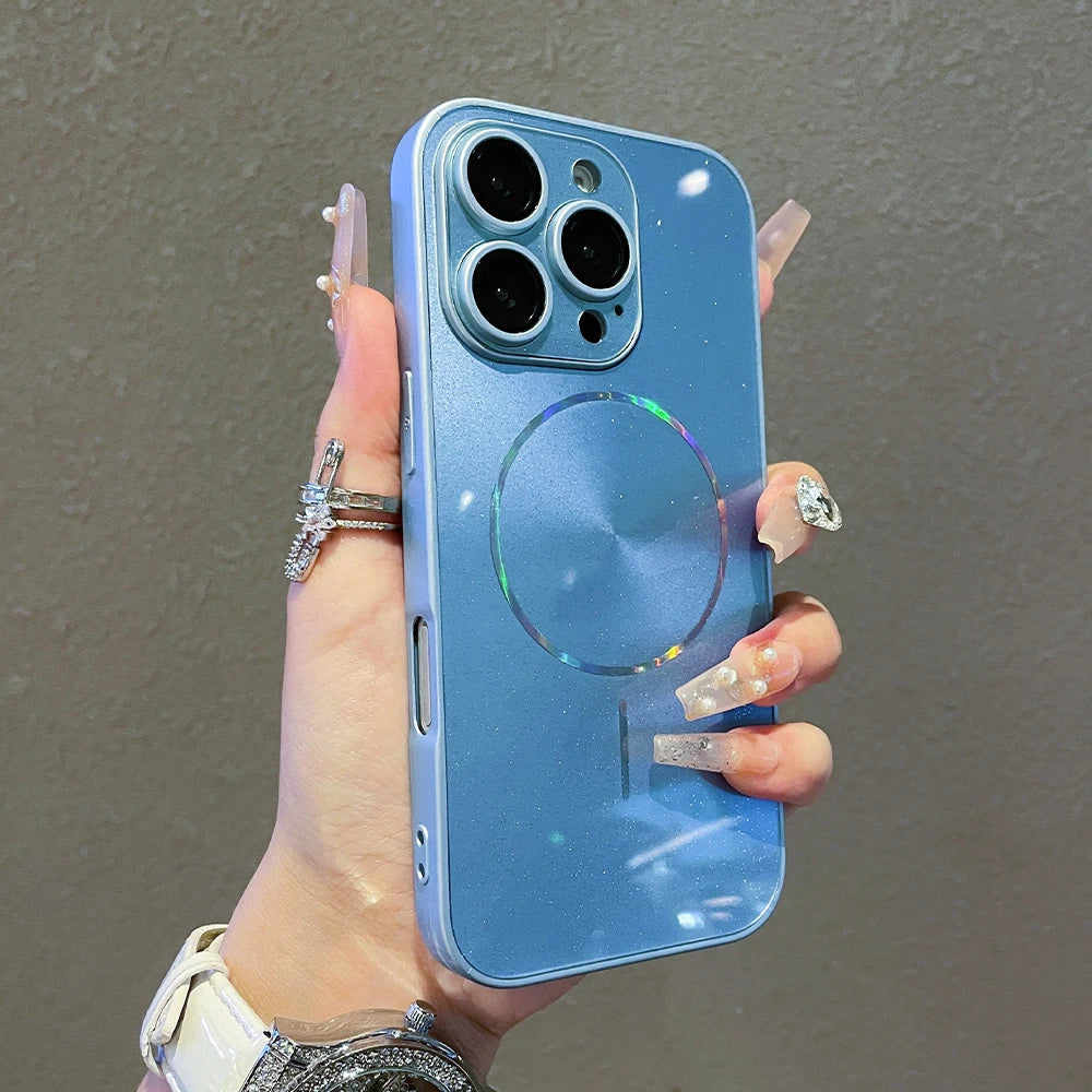 Luxury For Magsafe Glitter Aurora Glossy Phone Case For iPhone 15 16 17 Pro Max 14 Plus 13 12 11 Full Lens Protection Back Cover
