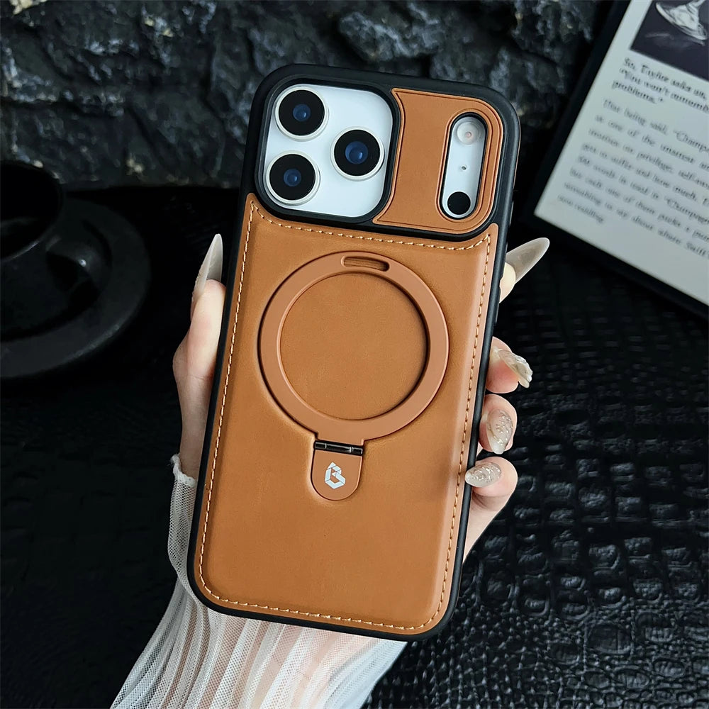 Magnetic Stand Ring PU Leather Case For iPhone17 Air 16 Pro Max plus 15 14 13 12 for Magsafe Wireless Charging Hollow Logo Cover