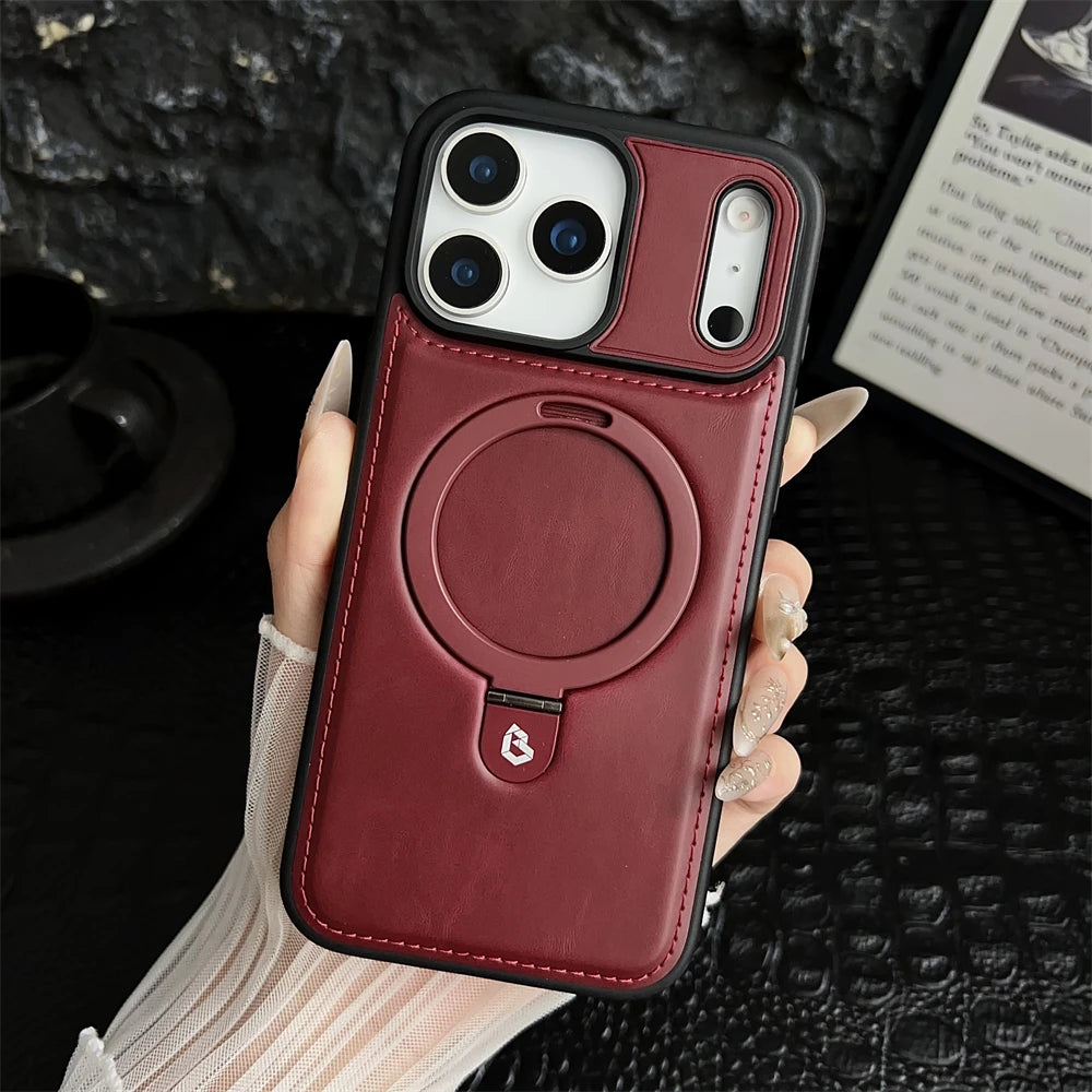 Magnetic Stand Ring PU Leather Case For iPhone17 Air 16 Pro Max plus 15 14 13 12 for Magsafe Wireless Charging Hollow Logo Cover