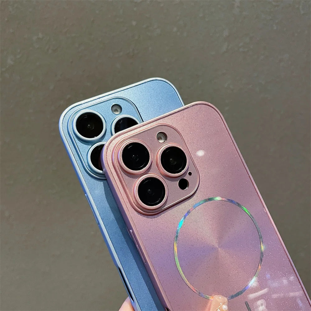 Luxury For Magsafe Glitter Aurora Glossy Phone Case For iPhone 15 16 17 Pro Max 14 Plus 13 12 11 Full Lens Protection Back Cover