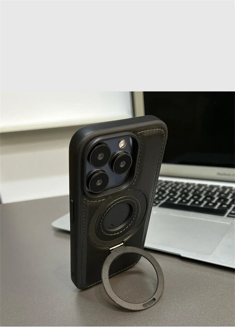 Magnetic Stand Ring PU Leather Case For iPhone17 Air 16 Pro Max plus 15 14 13 12 for Magsafe Wireless Charging Hollow Logo Cover