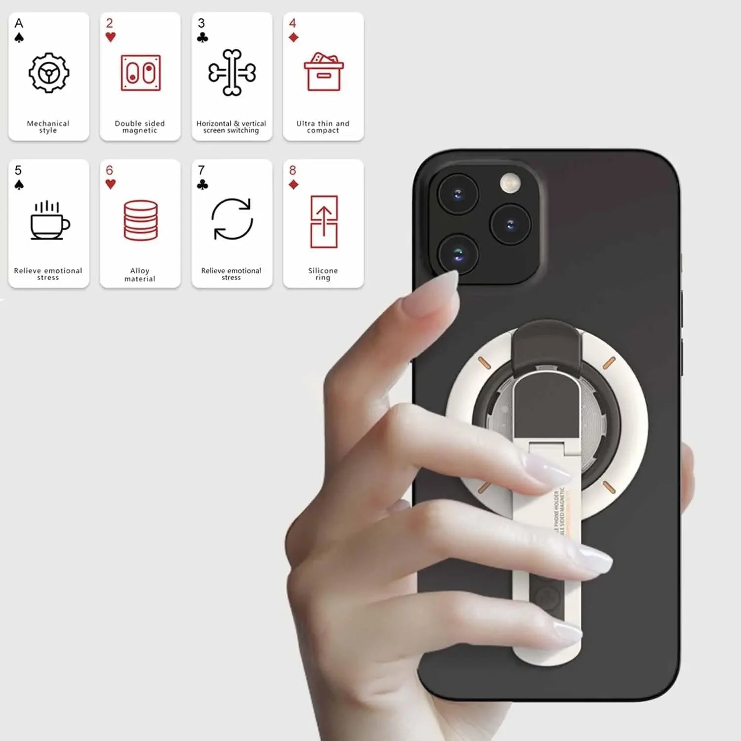 Dual-Sided Magnetic Portable Multi-Function Phone Ring Holder 360° Rotating Desktop Stand Compatible with Multiple Phone Models