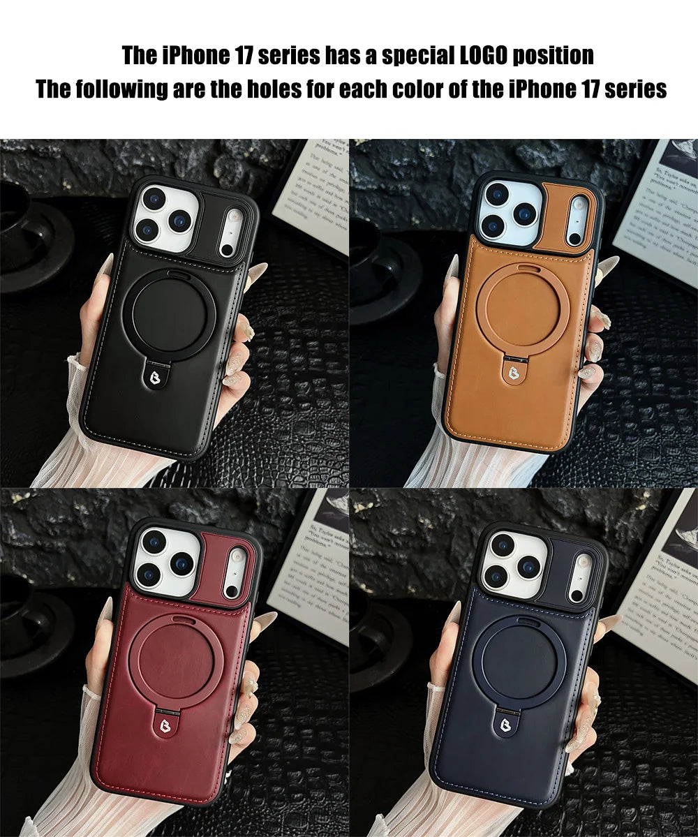 Magnetic Stand Ring PU Leather Case For iPhone17 Air 16 Pro Max plus 15 14 13 12 for Magsafe Wireless Charging Hollow Logo Cover