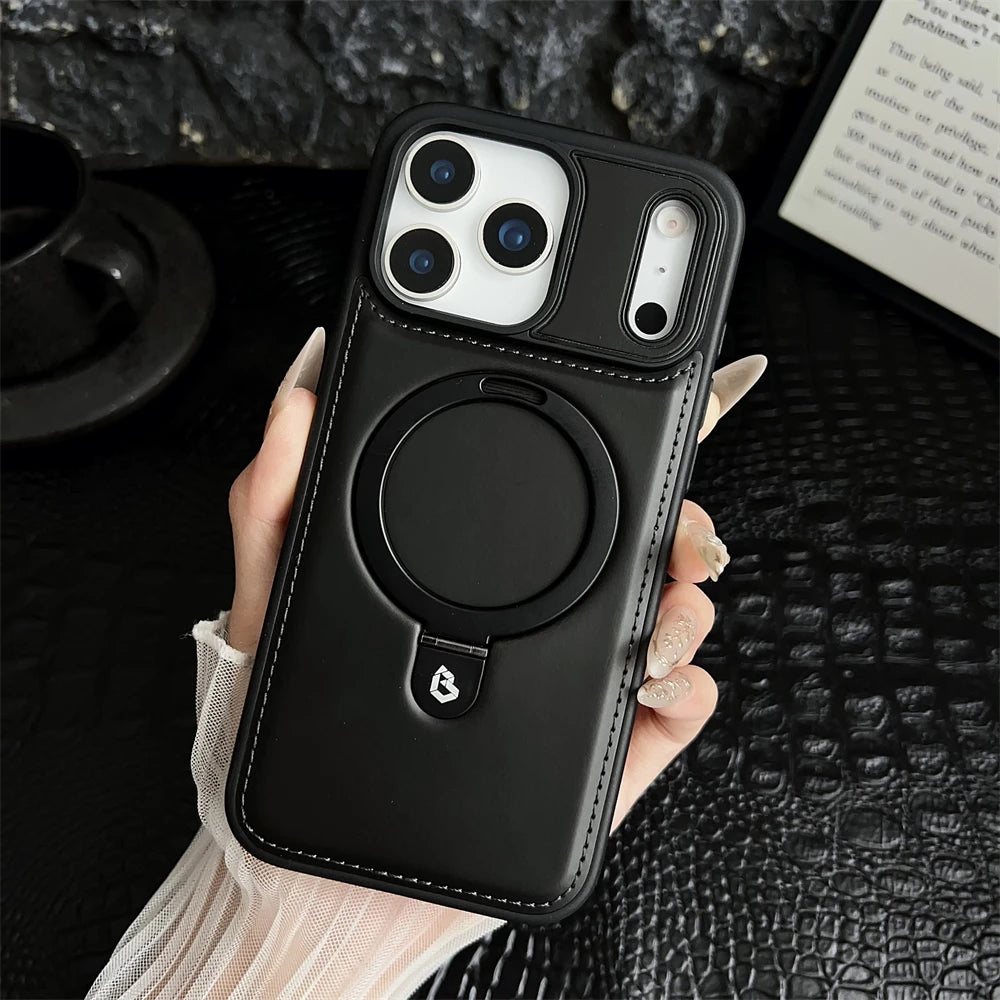 Magnetic Stand Ring PU Leather Case For iPhone17 Air 16 Pro Max plus 15 14 13 12 for Magsafe Wireless Charging Hollow Logo Cover
