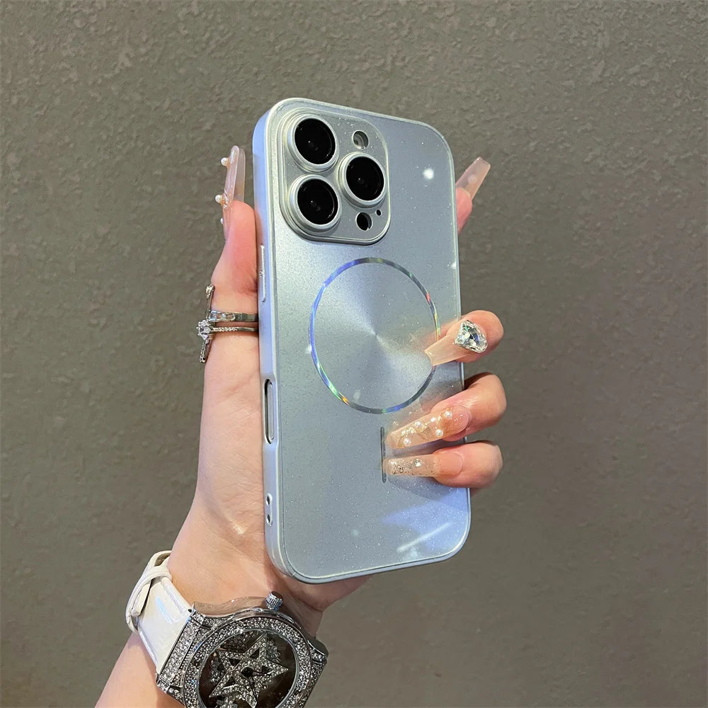 Luxury For Magsafe Glitter Aurora Glossy Phone Case For iPhone 15 16 17 Pro Max 14 Plus 13 12 11 Full Lens Protection Back Cover
