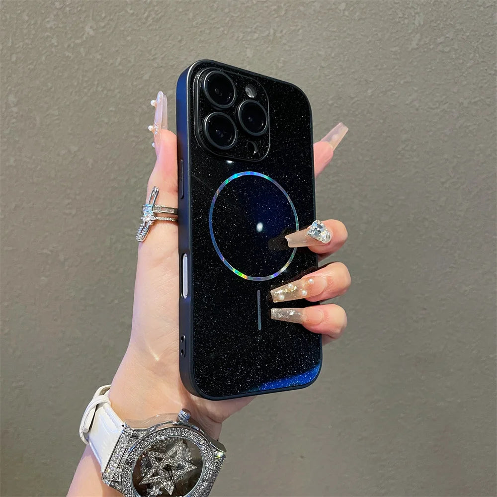 Luxury For Magsafe Glitter Aurora Glossy Phone Case For iPhone 15 16 17 Pro Max 14 Plus 13 12 11 Full Lens Protection Back Cover