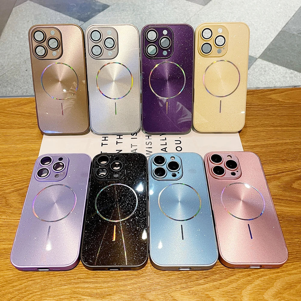 Luxury For Magsafe Glitter Aurora Glossy Phone Case For iPhone 15 16 17 Pro Max 14 Plus 13 12 11 Full Lens Protection Back Cover