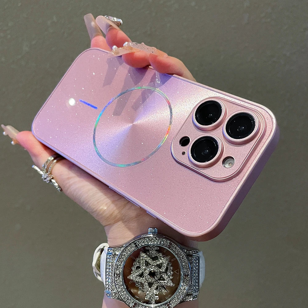Luxury For Magsafe Glitter Aurora Glossy Phone Case For iPhone 15 16 17 Pro Max 14 Plus 13 12 11 Full Lens Protection Back Cover