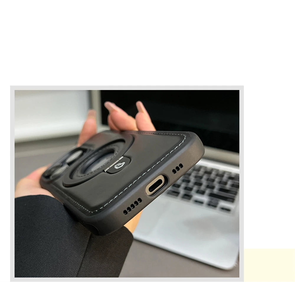 Magnetic Stand Ring PU Leather Case For iPhone17 Air 16 Pro Max plus 15 14 13 12 for Magsafe Wireless Charging Hollow Logo Cover