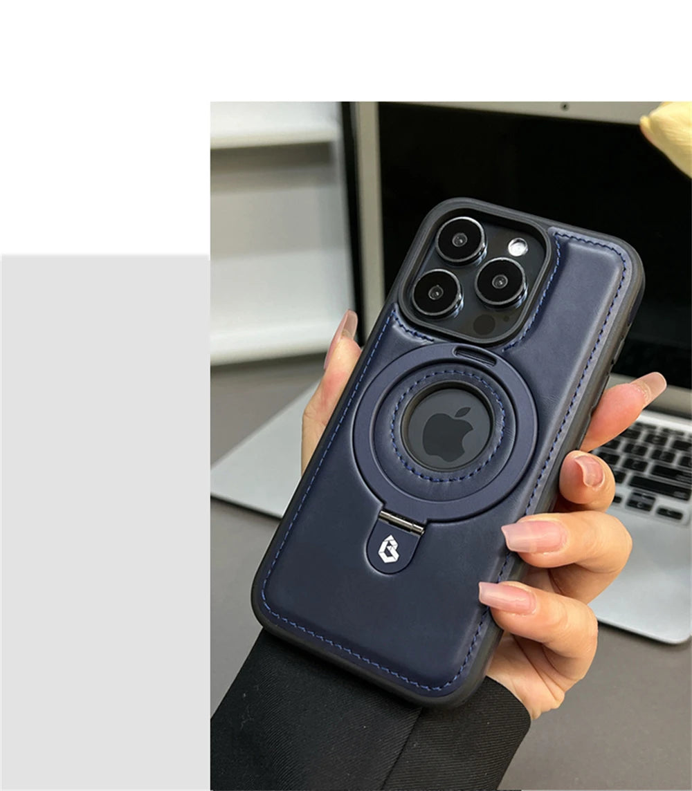 Magnetic Stand Ring PU Leather Case For iPhone17 Air 16 Pro Max plus 15 14 13 12 for Magsafe Wireless Charging Hollow Logo Cover
