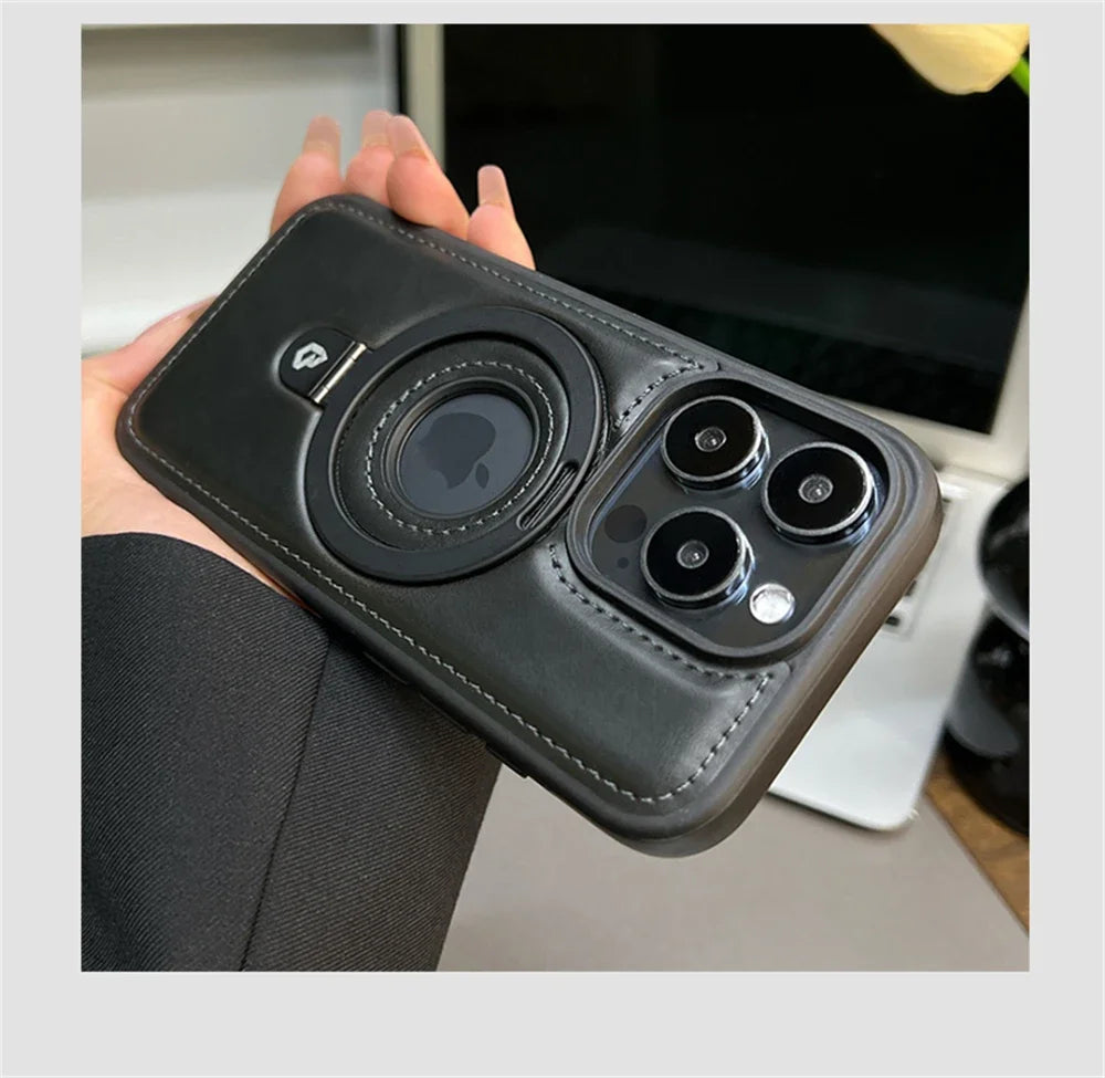 Magnetic Stand Ring PU Leather Case For iPhone17 Air 16 Pro Max plus 15 14 13 12 for Magsafe Wireless Charging Hollow Logo Cover