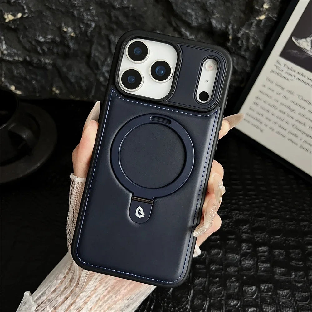 Magnetic Stand Ring PU Leather Case For iPhone17 Air 16 Pro Max plus 15 14 13 12 for Magsafe Wireless Charging Hollow Logo Cover