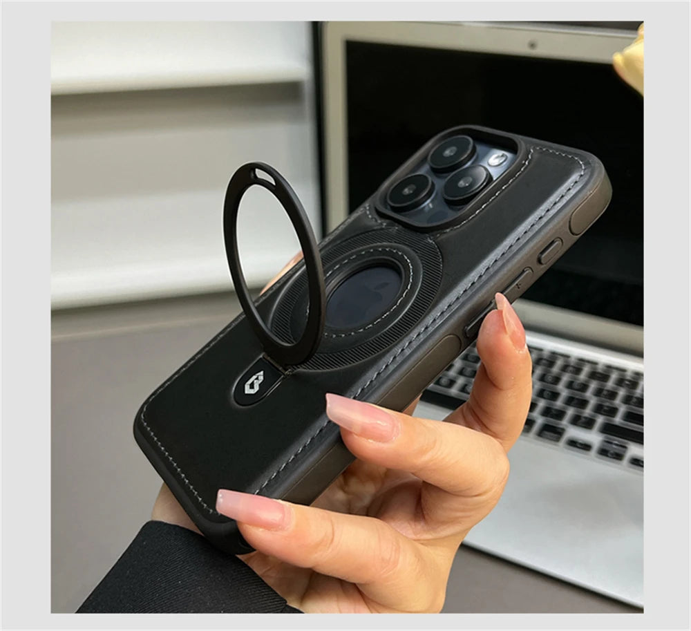 Magnetic Stand Ring PU Leather Case For iPhone17 Air 16 Pro Max plus 15 14 13 12 for Magsafe Wireless Charging Hollow Logo Cover