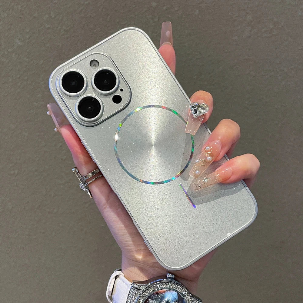 Luxury For Magsafe Glitter Aurora Glossy Phone Case For iPhone 15 16 17 Pro Max 14 Plus 13 12 11 Full Lens Protection Back Cover