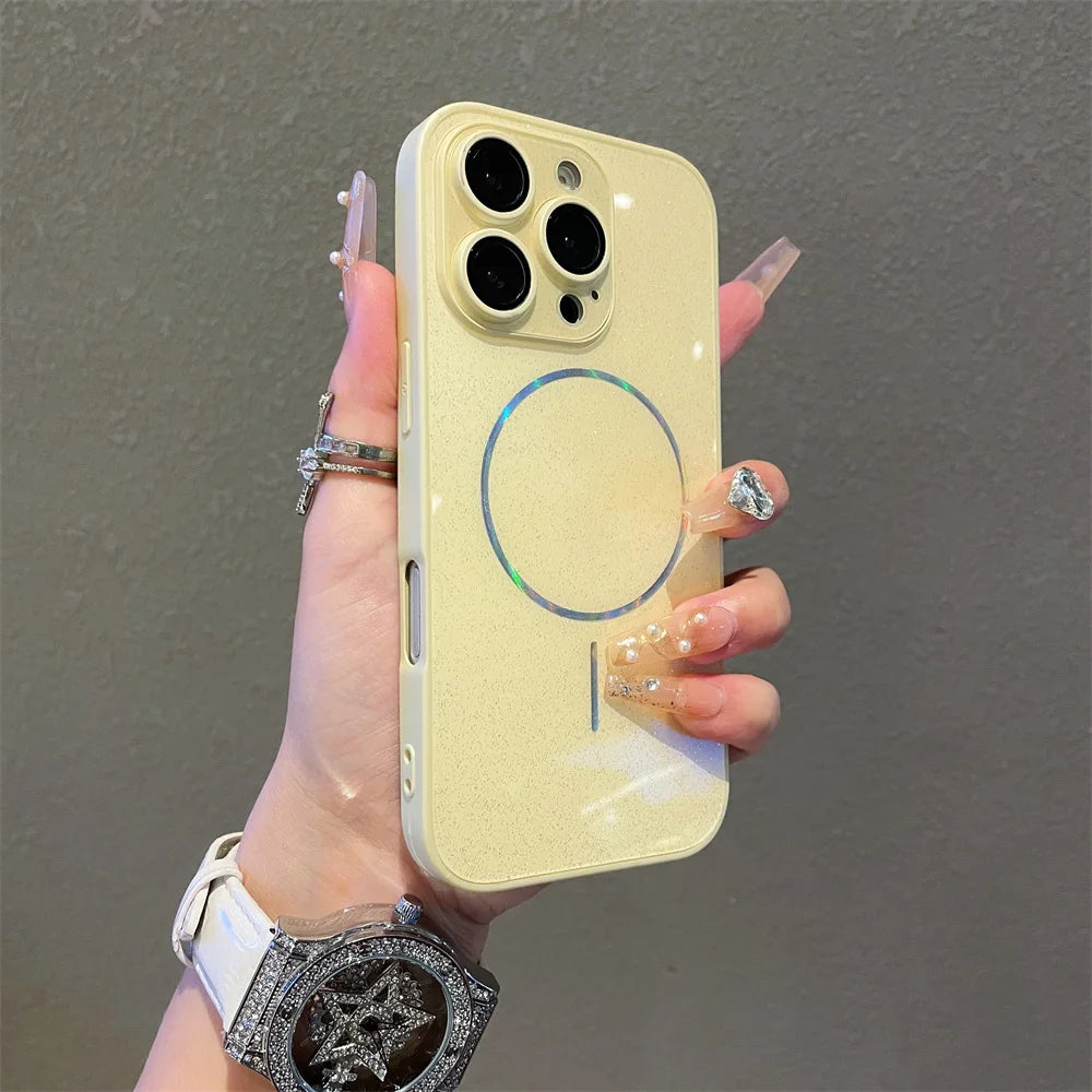 Luxury For Magsafe Glitter Aurora Glossy Phone Case For iPhone 15 16 17 Pro Max 14 Plus 13 12 11 Full Lens Protection Back Cover