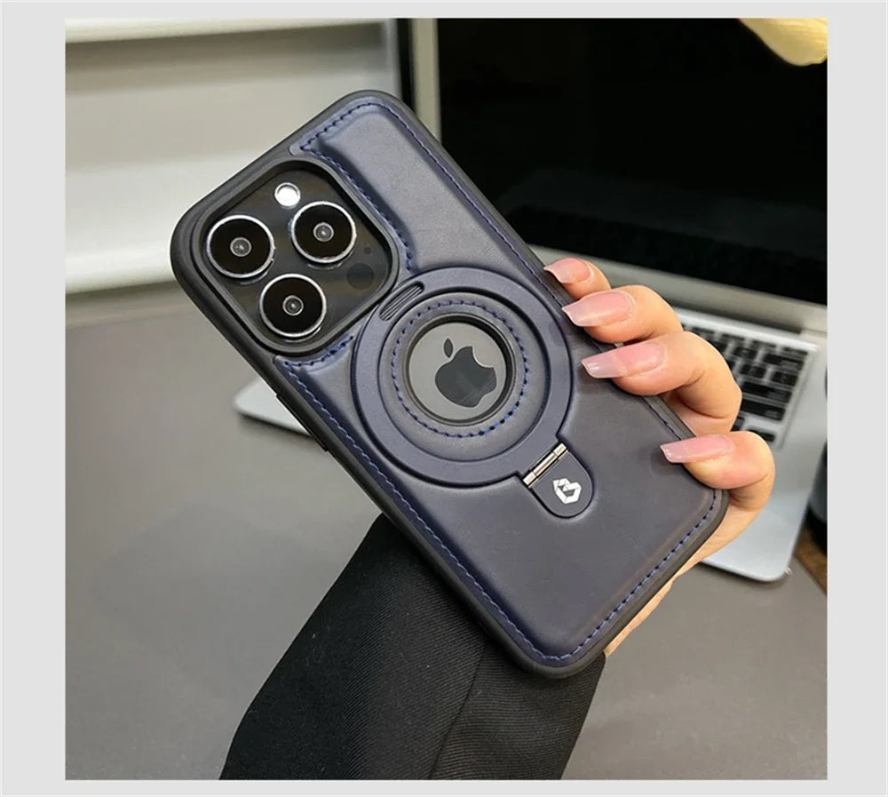 Magnetic Stand Ring PU Leather Case For iPhone17 Air 16 Pro Max plus 15 14 13 12 for Magsafe Wireless Charging Hollow Logo Cover