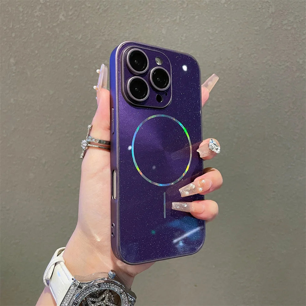 Luxury For Magsafe Glitter Aurora Glossy Phone Case For iPhone 15 16 17 Pro Max 14 Plus 13 12 11 Full Lens Protection Back Cover