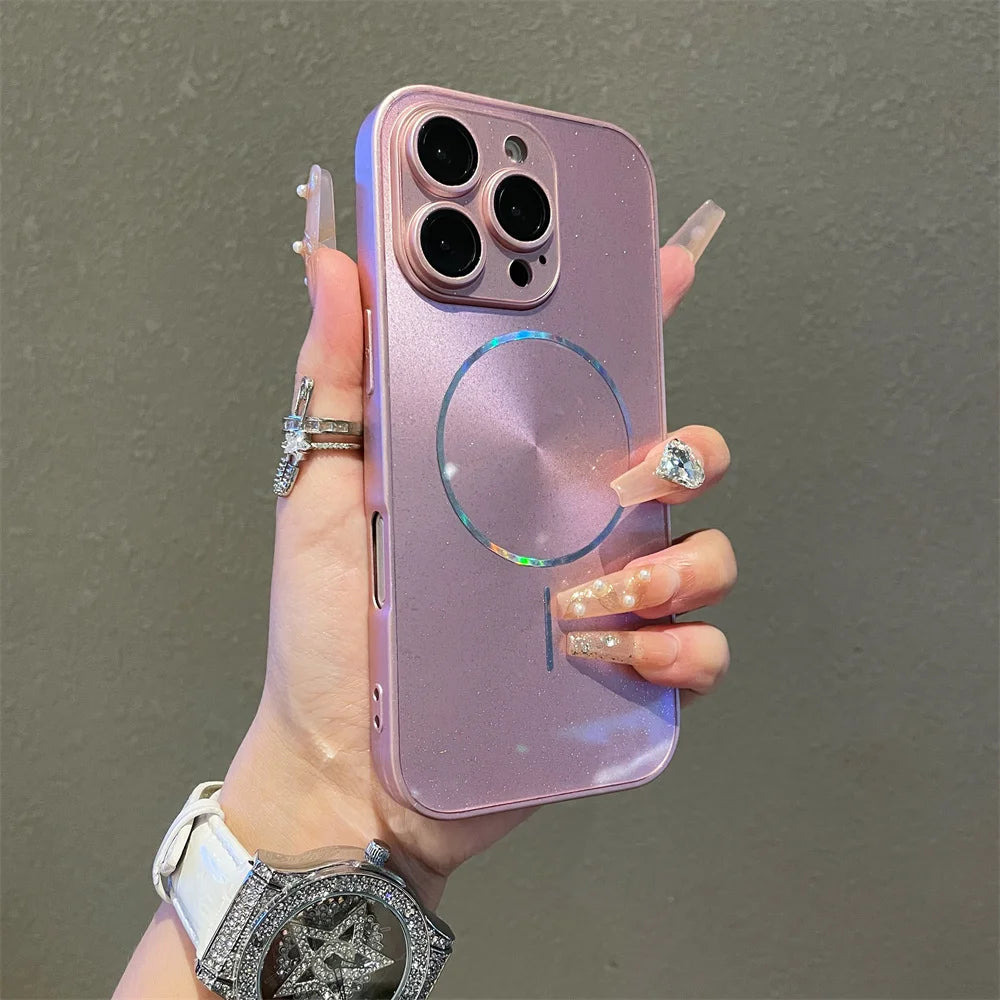 Luxury For Magsafe Glitter Aurora Glossy Phone Case For iPhone 15 16 17 Pro Max 14 Plus 13 12 11 Full Lens Protection Back Cover