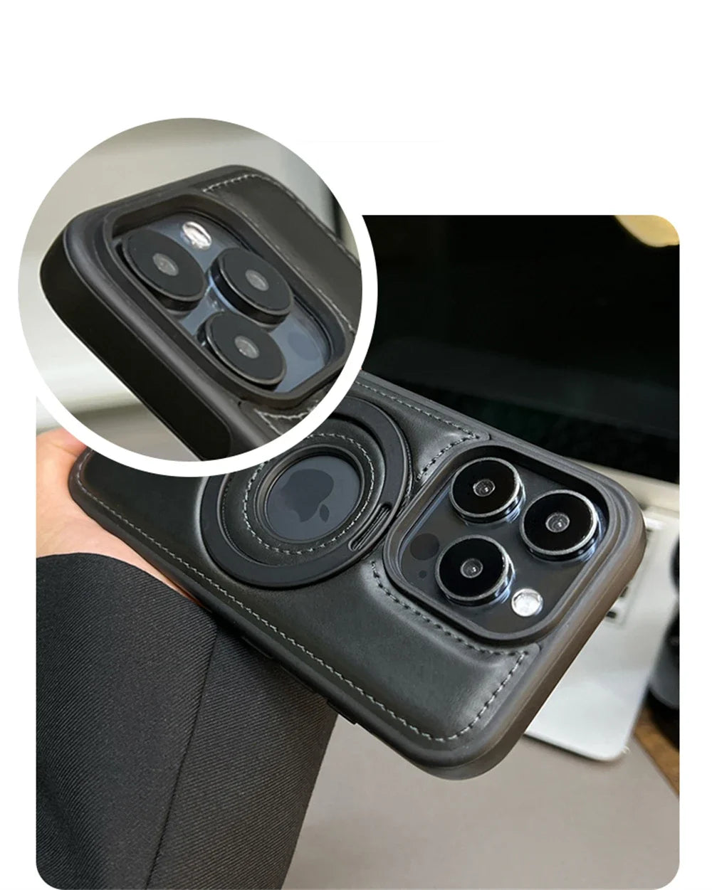 Magnetic Stand Ring PU Leather Case For iPhone17 Air 16 Pro Max plus 15 14 13 12 for Magsafe Wireless Charging Hollow Logo Cover