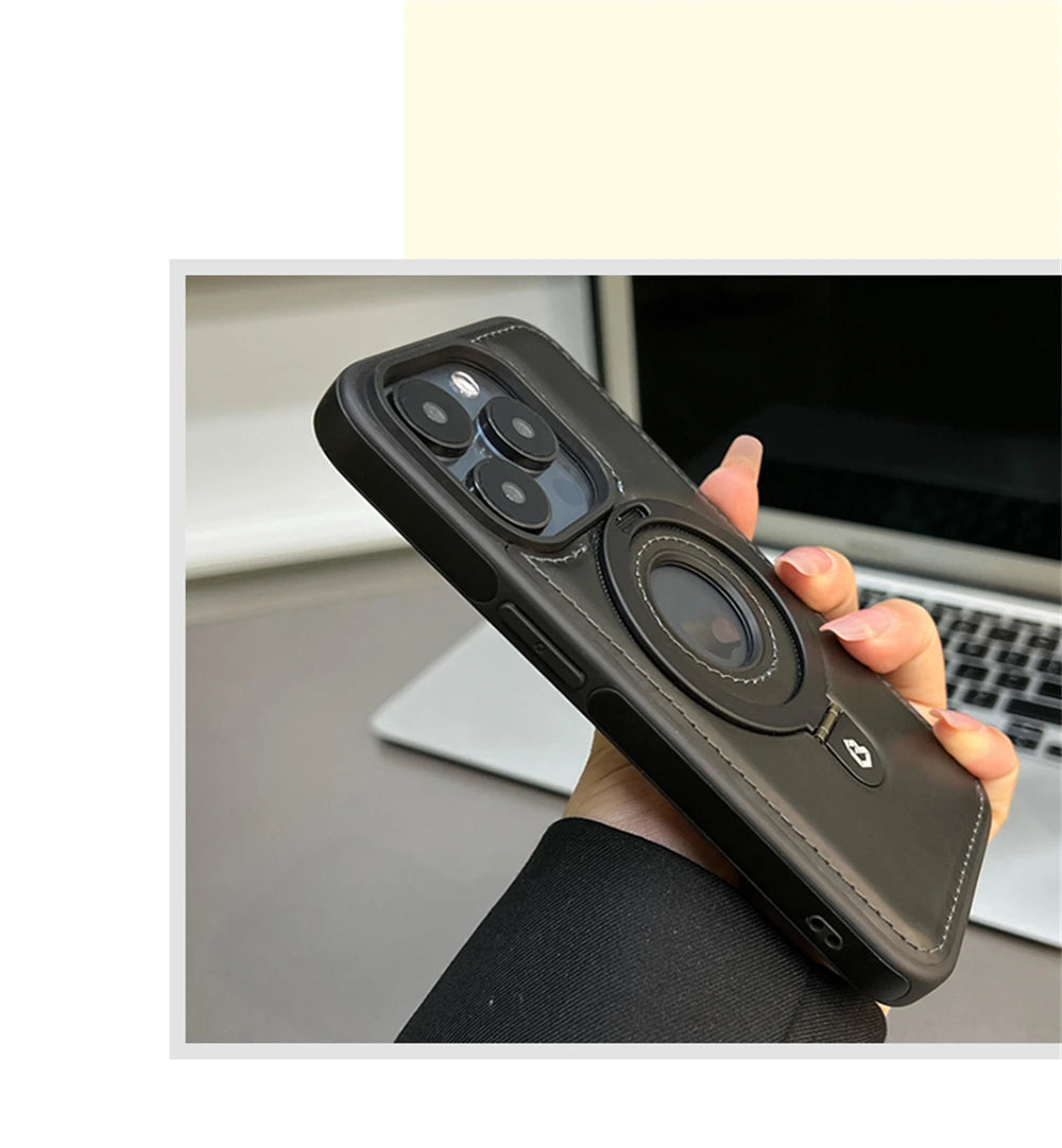 Magnetic Stand Ring PU Leather Case For iPhone17 Air 16 Pro Max plus 15 14 13 12 for Magsafe Wireless Charging Hollow Logo Cover