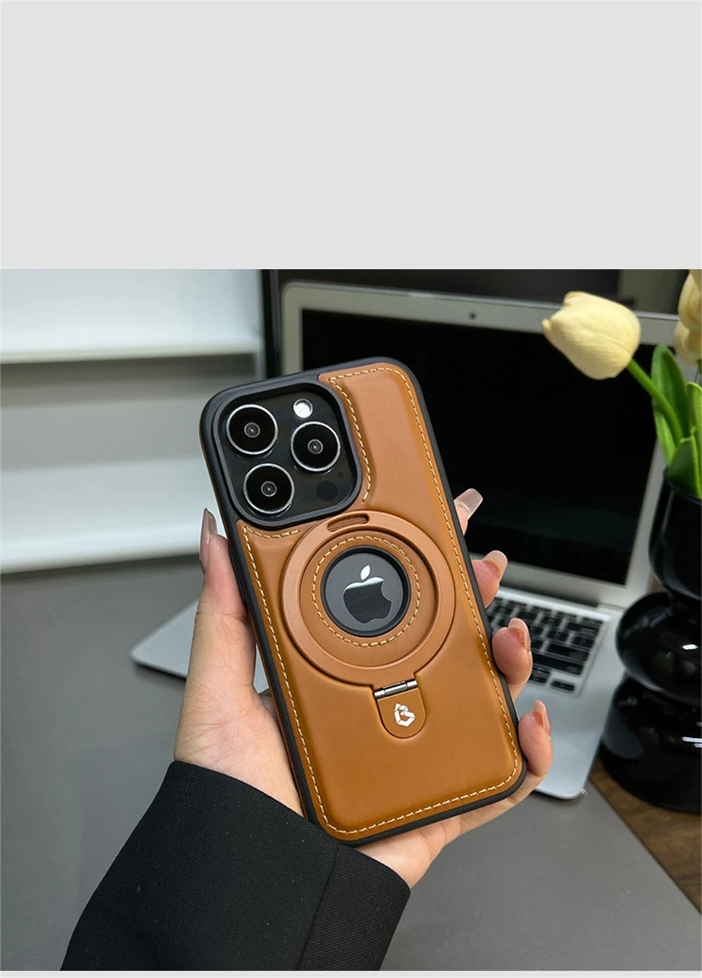 Magnetic Stand Ring PU Leather Case For iPhone17 Air 16 Pro Max plus 15 14 13 12 for Magsafe Wireless Charging Hollow Logo Cover