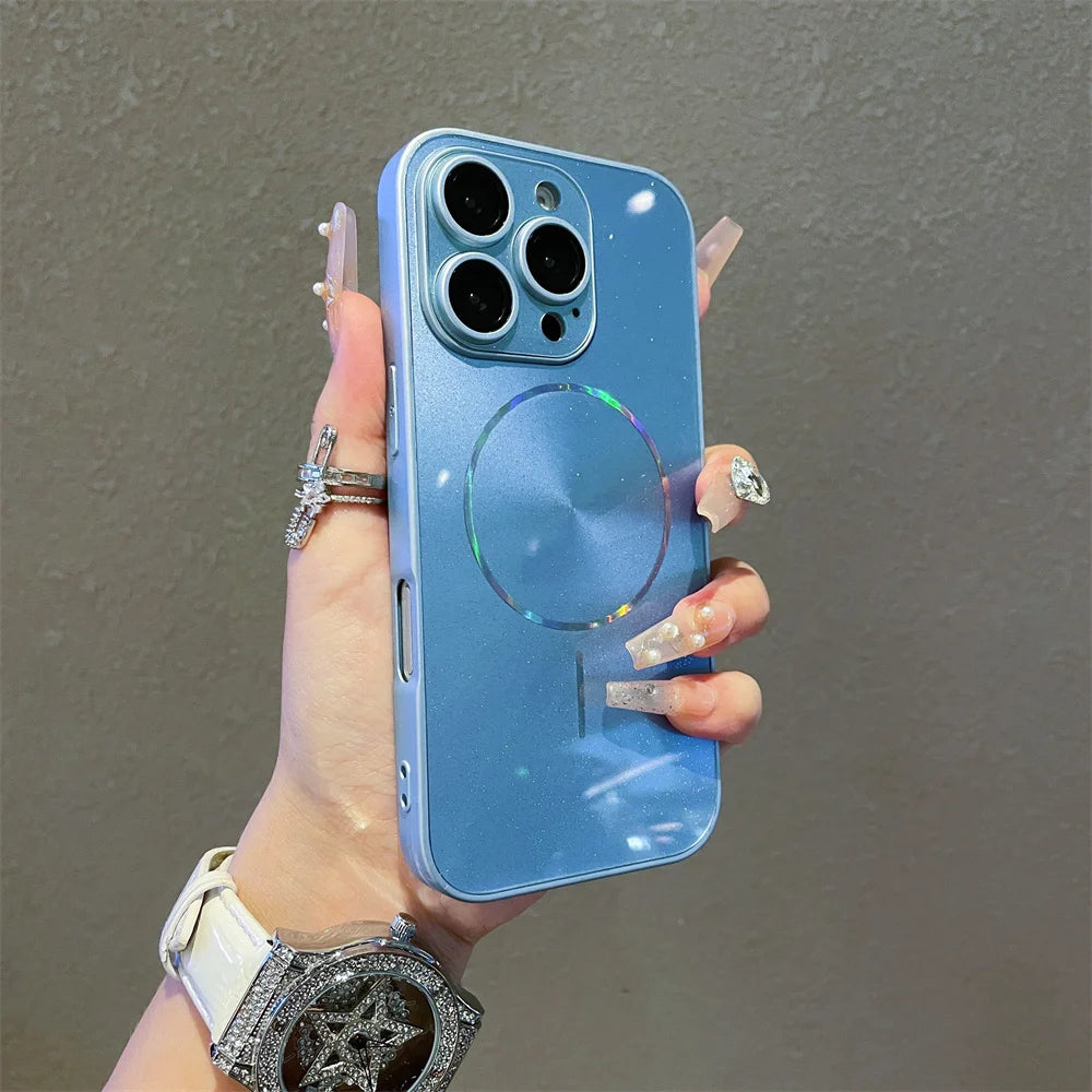 Luxury For Magsafe Glitter Aurora Glossy Phone Case For iPhone 15 16 17 Pro Max 14 Plus 13 12 11 Full Lens Protection Back Cover